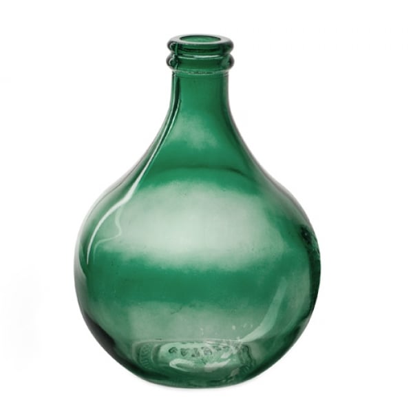 Glas Flaschen Väschen, bauchig, glatt in Grün, 15 cm.