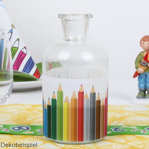 Glas Flaschen Väschen Einschulung, Buntstifte, 12 cm.
