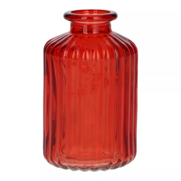 Kleines Glas Flaschen Väschen, gestreift in Rot, 10 cm.