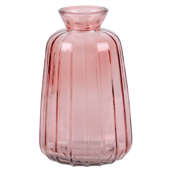 Glas Flaschen Väschen, konisch mit Streifen in Altrosa, 11 cm.