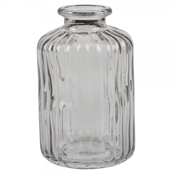 Kleines Glas Väschen, gestreift in Zartgrau, 10 cm.