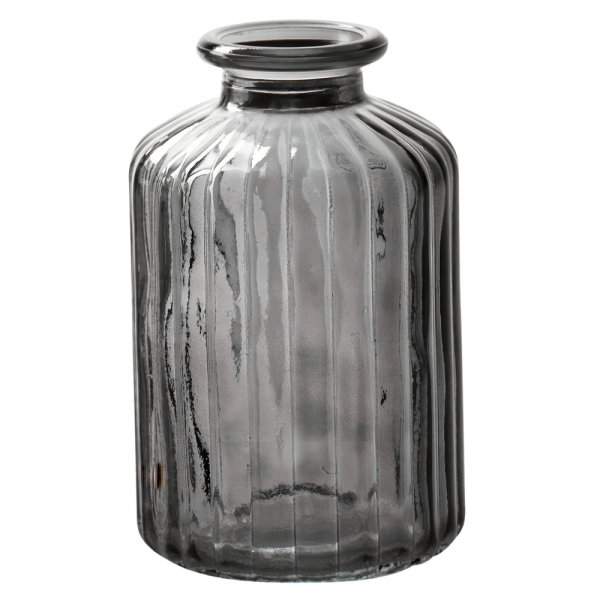 Kleines Glas Väschen, gestreift in Rauchgrau, 10 cm.
