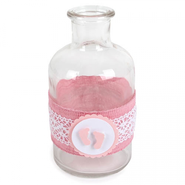 Glas Flaschen Väschen Vintage Taufe, Babyfüßchen mit Band in Rosa, 12 cm.