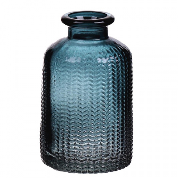 Kleines Glas Flaschen Väschen, gemustert in Dunkelblau, 10 cm.