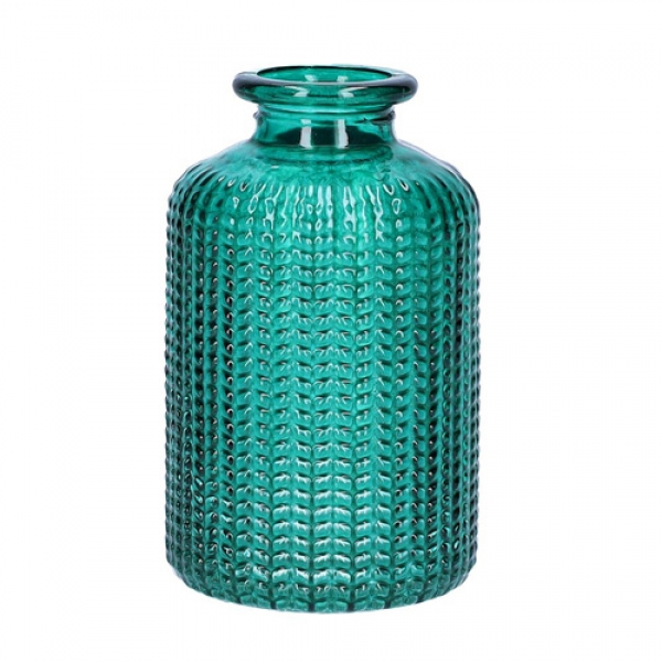 Kleines Glas Flaschen Väschen, gemustert in Smaragdgrün, 10 cm.