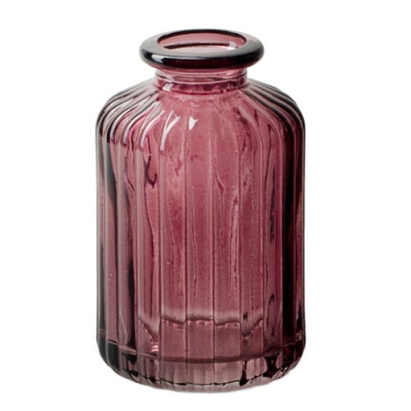 Kleines Glas Flaschen Väschen, gestreift in Beere, 10 cm.