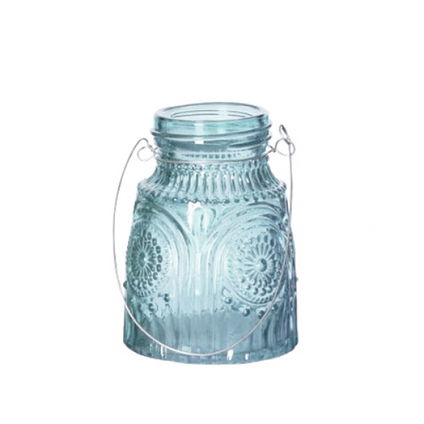 Glas Väschen mit Verzierung & Henkel, in Hellblau, 82 mm.