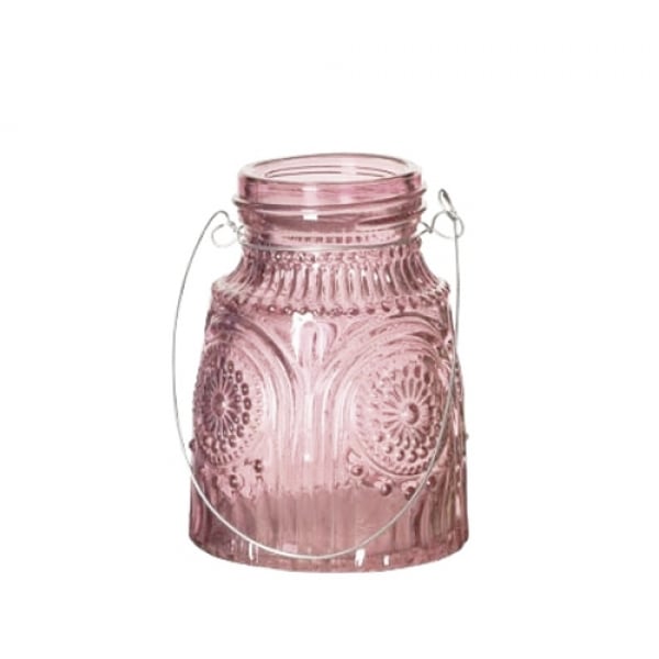 Glas Väschen mit Verzierung & Henkel, in Rosa, 82 mm.