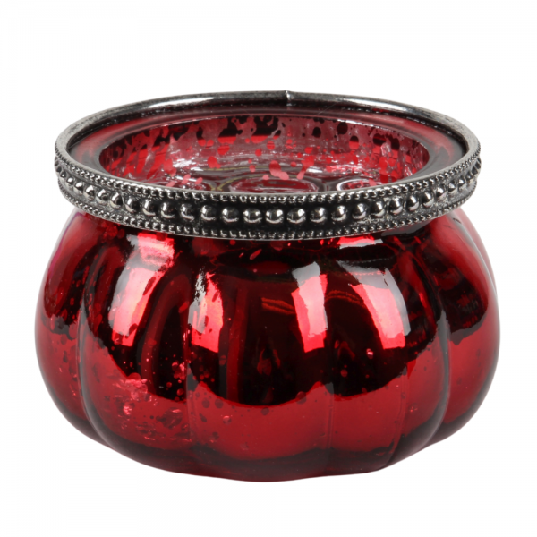 Glas Windlicht, Vintage in Rot verspiegelt mit Metallrand in Antik-Silber, 85 mm.