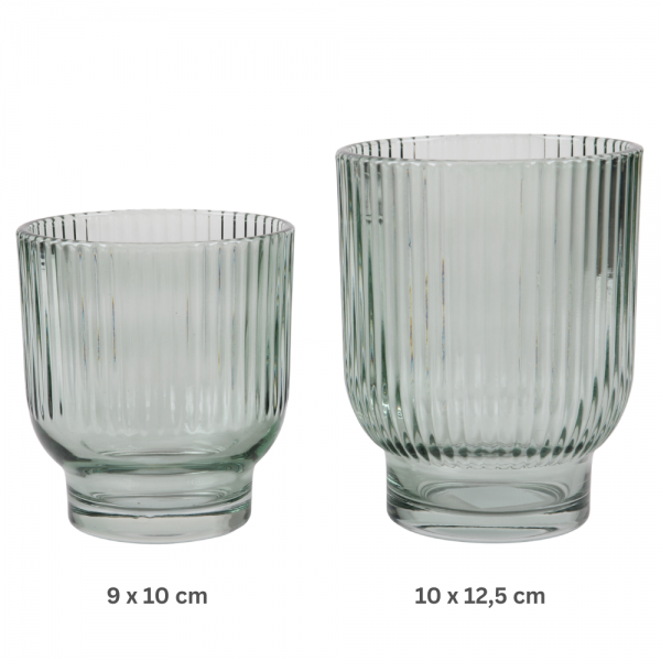 Glas Windlichter Dex mit Streifen in Eukalyptus hell, 10 und 12,5 cm