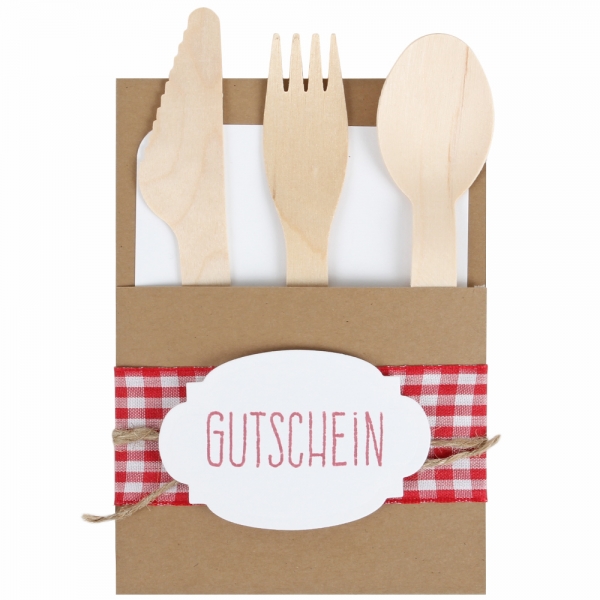 Gutscheinkarte mit Holzbesteck in Rot/Weiß.
