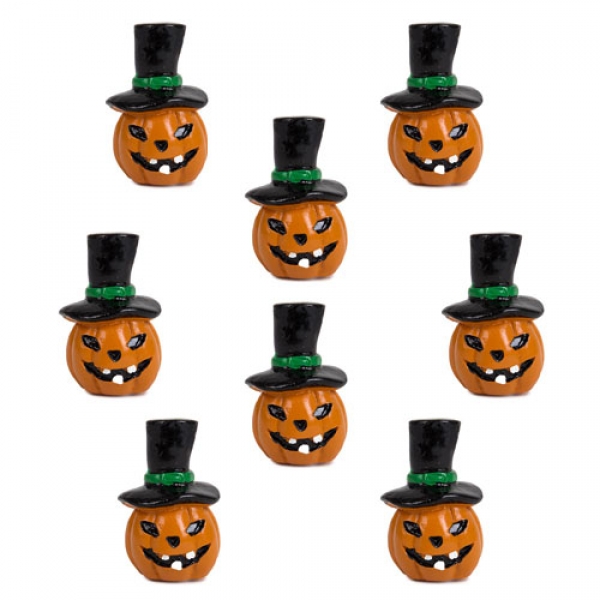 8 Halloween Kürbis Gesichter mit schwarzem Hut und Klebepunkt, 35 mm.