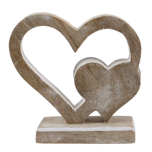 Holz Aufsteller Hochzeit, Mangoholz Herzen in Hellbraun/Weiß, 13 cm.