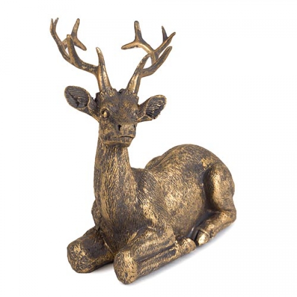 Dekofigur Hirsch liegend in Antik-Gold matt, 10 cm.