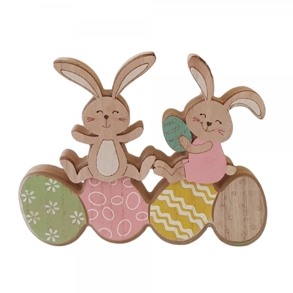 Holz Hasen auf Ostereiern, Rosa Mix, 17,5 cm.