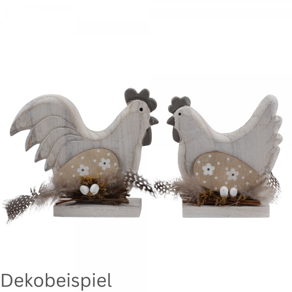 Holz Hahn und Huhn mit Verzierung.