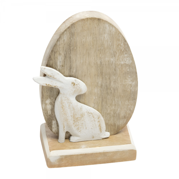 Mangoholz Osterei mit Hase, in Hellbraun/Weiß, 13,5 cm.