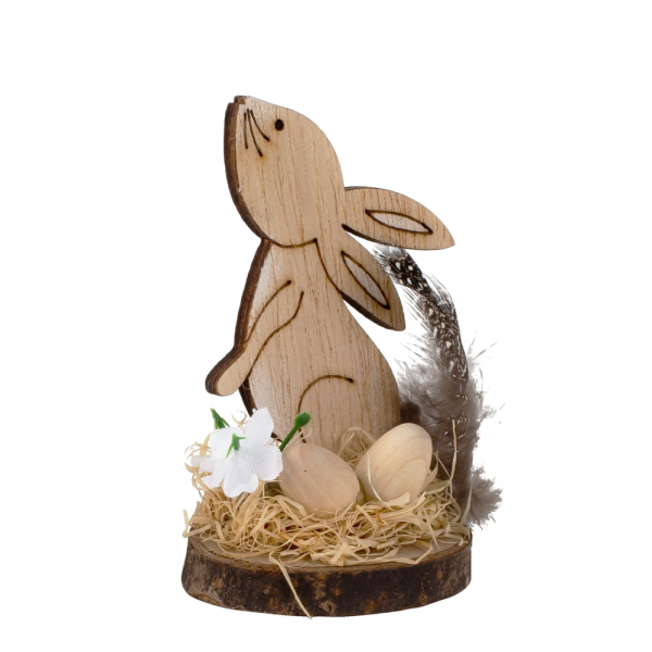 Kleiner Holz Osterhase auf Baumscheibe mit Verzierung, Nr. 2, 75 mm.