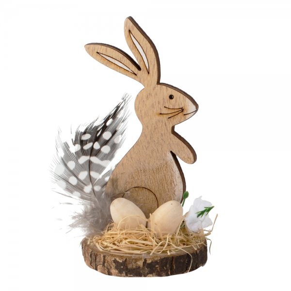 Kleiner Holz Osterhase auf Baumscheibe mit Verzierung, Nr. 1, 95 mm.