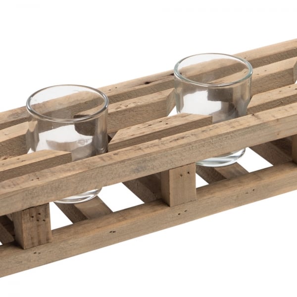 Nahaufnahme von dem großen Deko Holz Schlitten mit 4 Teelichtgläsern, Adventsgestell, 58 cm.