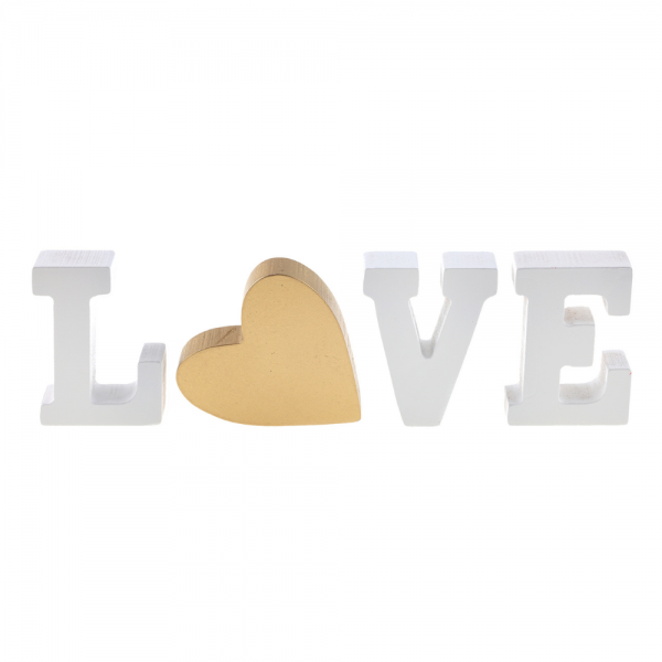 Holz Aufsteller Buchstaben/Herz -Love- in Weiß/Gold.
