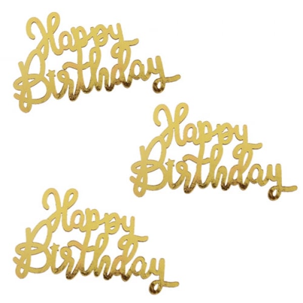 10 Holz Streuteile -Happy Birthday- in Gold, 65 mm.