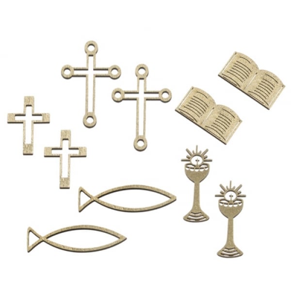 10 Holz Streuteile Christliche Motive in Gold.