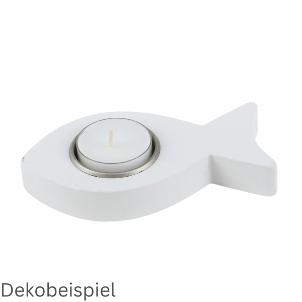 Holz Teelichthalter Fisch in Weiß, 12,5 cm, Foto mit Teelicht in Kunststoffhülle.