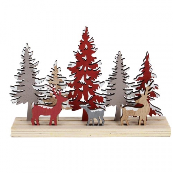 Deko Holz Winterlandschaft mit Hirsch und Reh in Rot/Grau, 20 cm.