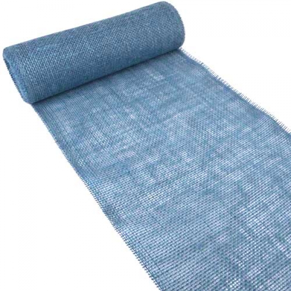5 Meter Jute Tischläufer in Mittelblau, 30 cm breit.
