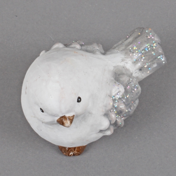 Keramik Winter Vogel in Weiß/Grau mit Glitzer, Nr. 2, 90 mm.