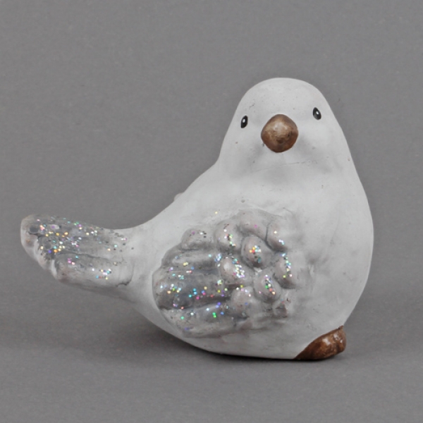 Keramik Winter Vogel in Weiß/Grau mit Glitzer, Nr. 1, 90 mm.