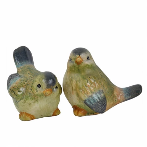 Keramik Vogelpaar in Grün, Nr. 1, 11 cm.