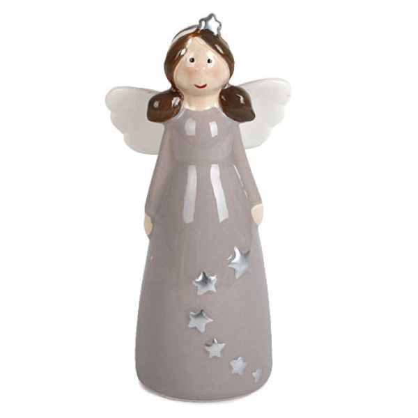 Dekofigur Keramik Engel in Grau mit silbernen Sternen.