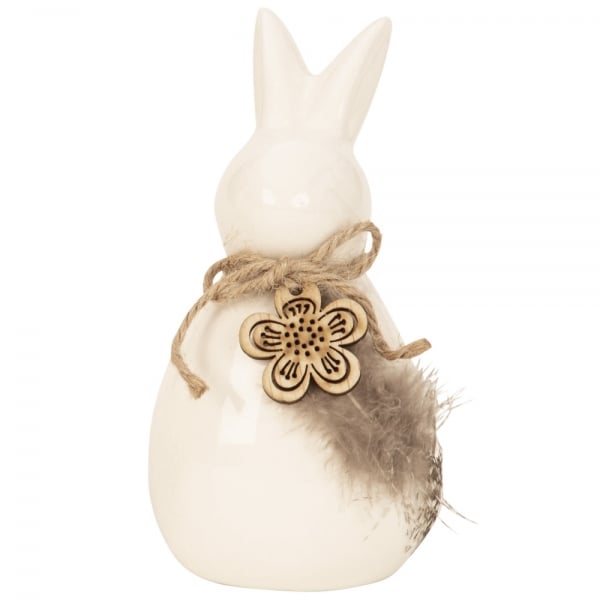 Keramik Osterhase mit Blume und Feder, in Weiß, Nr. 2, 14 cm.