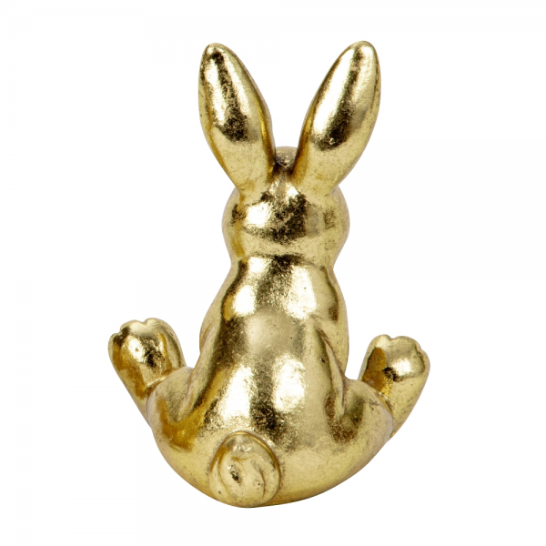 Rückansicht von der Dekofigur Osterhase sitzend, Pfötchen vorne, in Antik-Gold, 11 cm.
