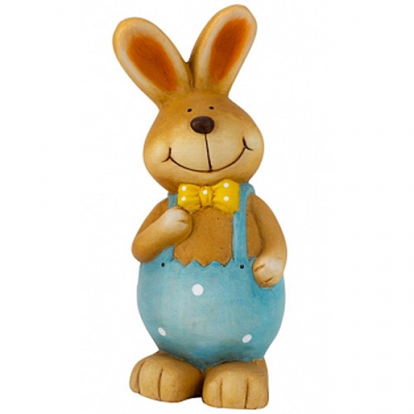 Großer Keramik Osterhasen Junge mit Latzhose in Hellblau, 23 cm.