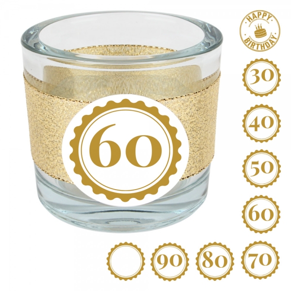 Kerzenglas Geburtstag, Glitzerband in Gold mit auswählbarer Jahreszahl, 80 mm.