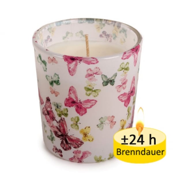 Kerze im Glas, Kerzenglas Bunte Schmetterlinge, 78 mm.