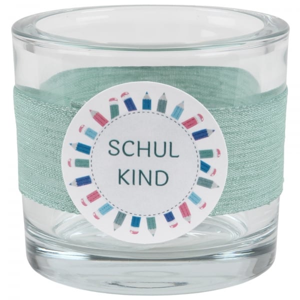 Kerzenglas Einschulung in Eukalyptus, Schiftzug in Petrol, 80 mm.
