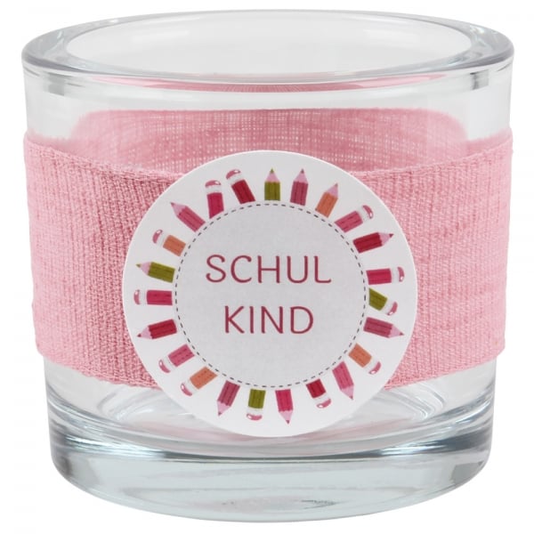 Kerzenglas Einschulung in Rosa, Schiftzug in Pink, 80 mm.