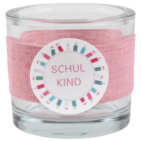 Kerzenglas Einschulung in Rosa, Schiftzug in Rosa, 80 mm.