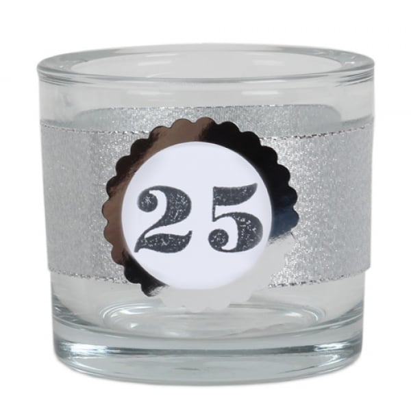 Kerzenglas Geburtstag, Glitzerband in Silber mit auswählbarer Jahreszahl, 80 mm