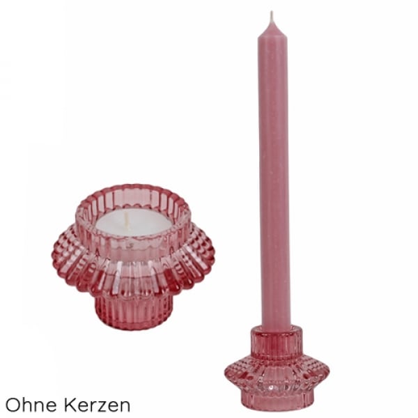 Glas Kerzenhalter Duo, 2 in 1 für Stabkerzen und Teelichter in Rosa, 80 mm.