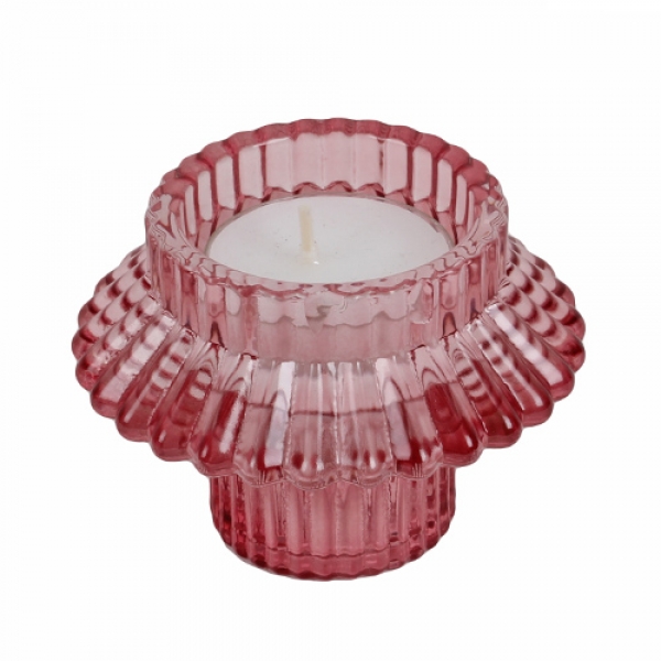 Glas Kerzenhalter Duo, 2 in 1 für Stabkerzen und Teelichter in Rosa, 80 mm.