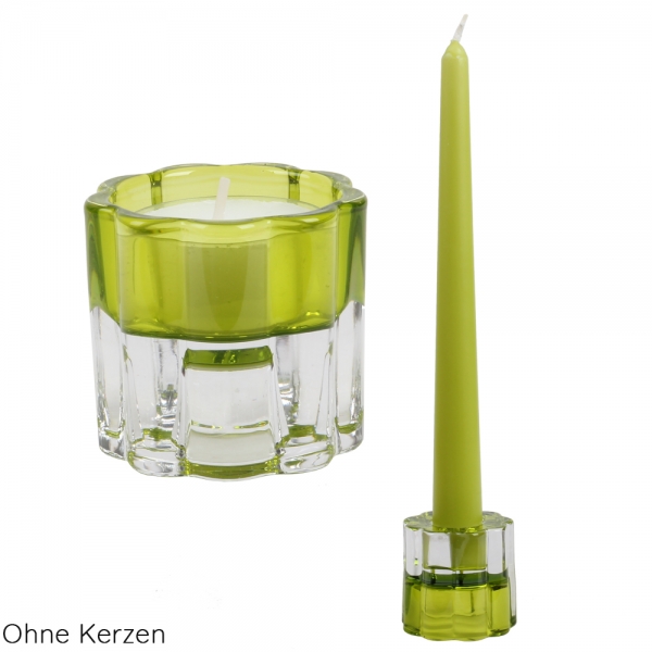 Glas Kerzenhalter Blume, 2 in 1 für Leuchterkerzen, Teelichter, in Hellgrün.