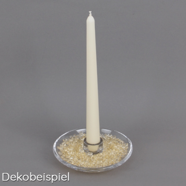 Dekobeispiel für den Glas Kerzenhalter für Spitzkerzen, Leuchterkerzen mit Raindrops ausdekoriert.