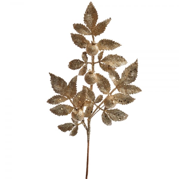 Kunstblume Blätterzweig mit Beeren in Champagner-Gold glitzernd, 35 cm.