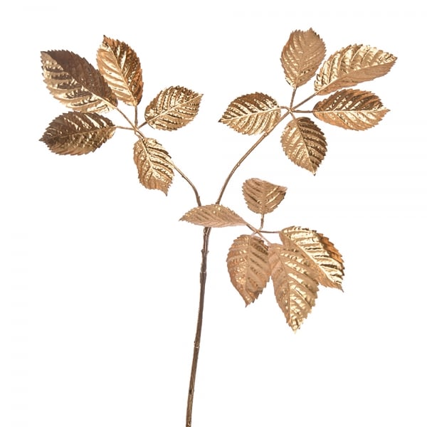 Kunstblume Blätterzweig mit Beeren in Champagner-Gold glitzernd, 35 cm.