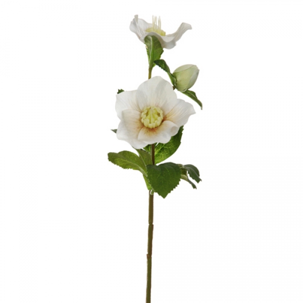 Kunstblume Christrose, Helleborus in Weiß mit 2 Blüten und 1 Knospe, 53 cm.